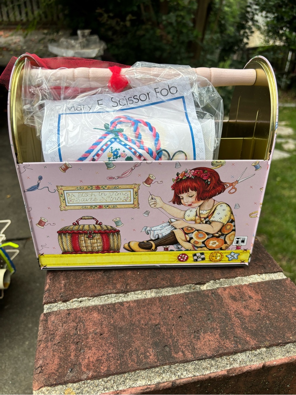 Mary Engelbreit Vintage Sewing Tin with Custom Designed Cross Stitch Kit